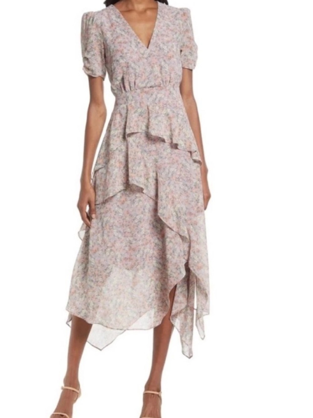 Floret Studios Floral Lavender Puff-Sleeve Wrap Midi Dress in Lavender multi M